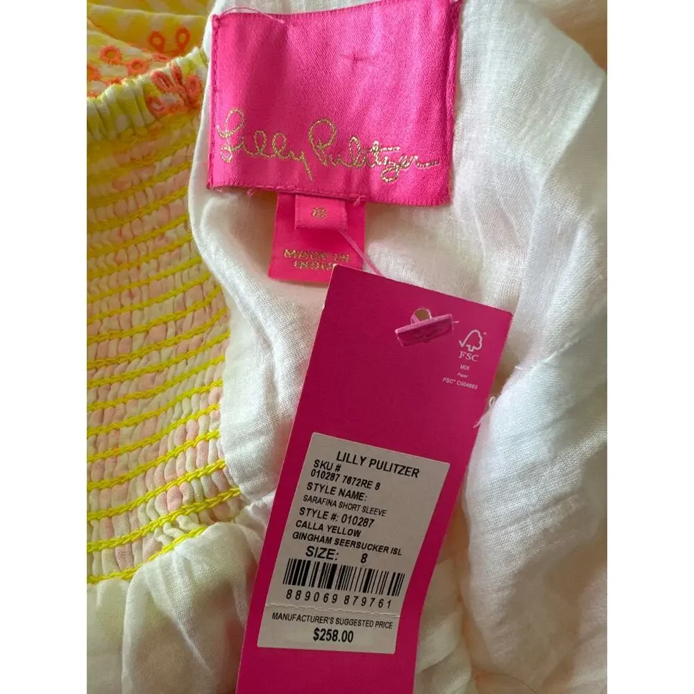 LILLY PULITZER Sarafina Short Sleeve Dress Calla Yellow Gingham Seersucker ISL 8